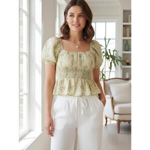 ModCloth Yellow Floral Puff Sleeve Milkmaid Crop Top NWT M